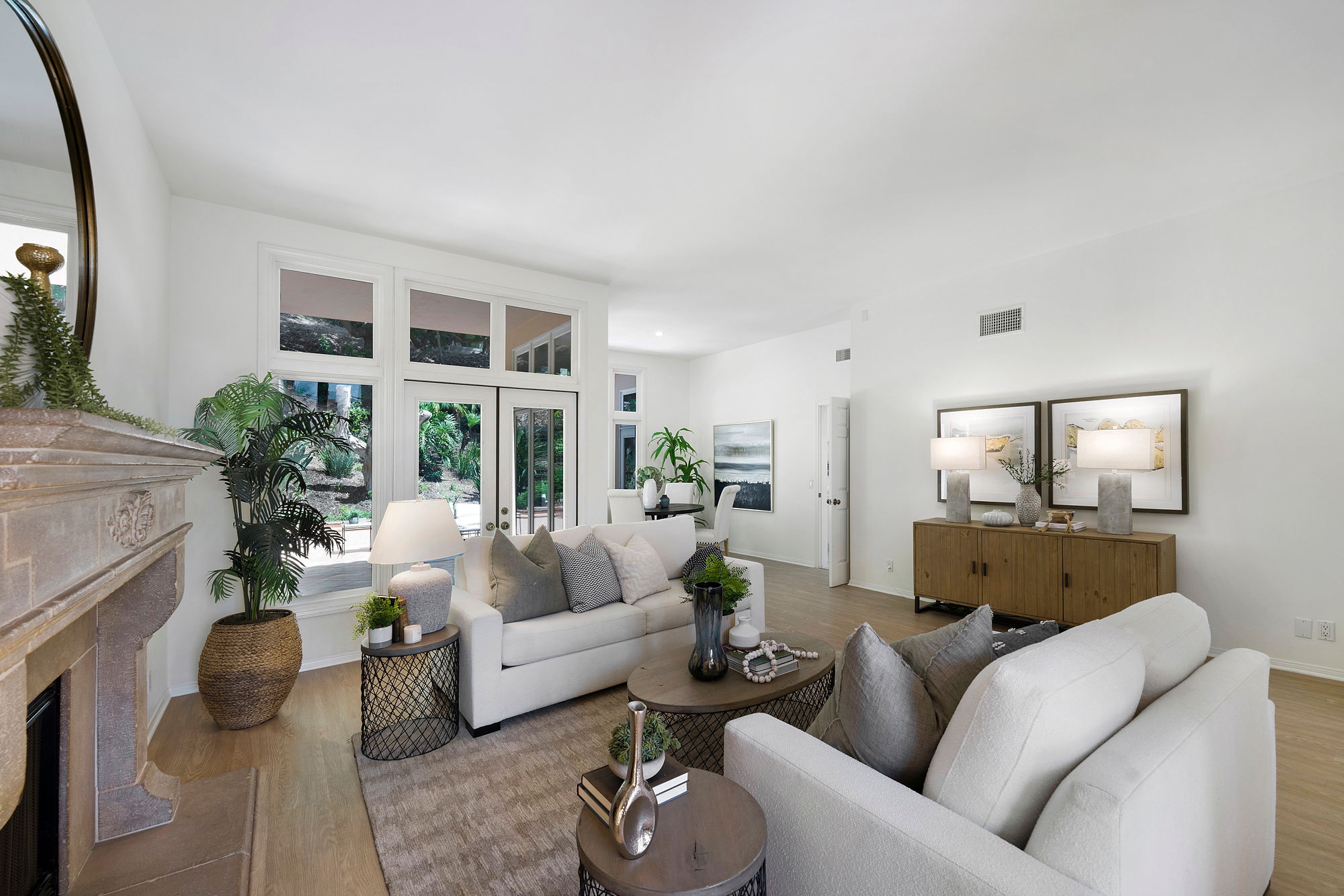 Del Mar staged living and dining room French doors garden view