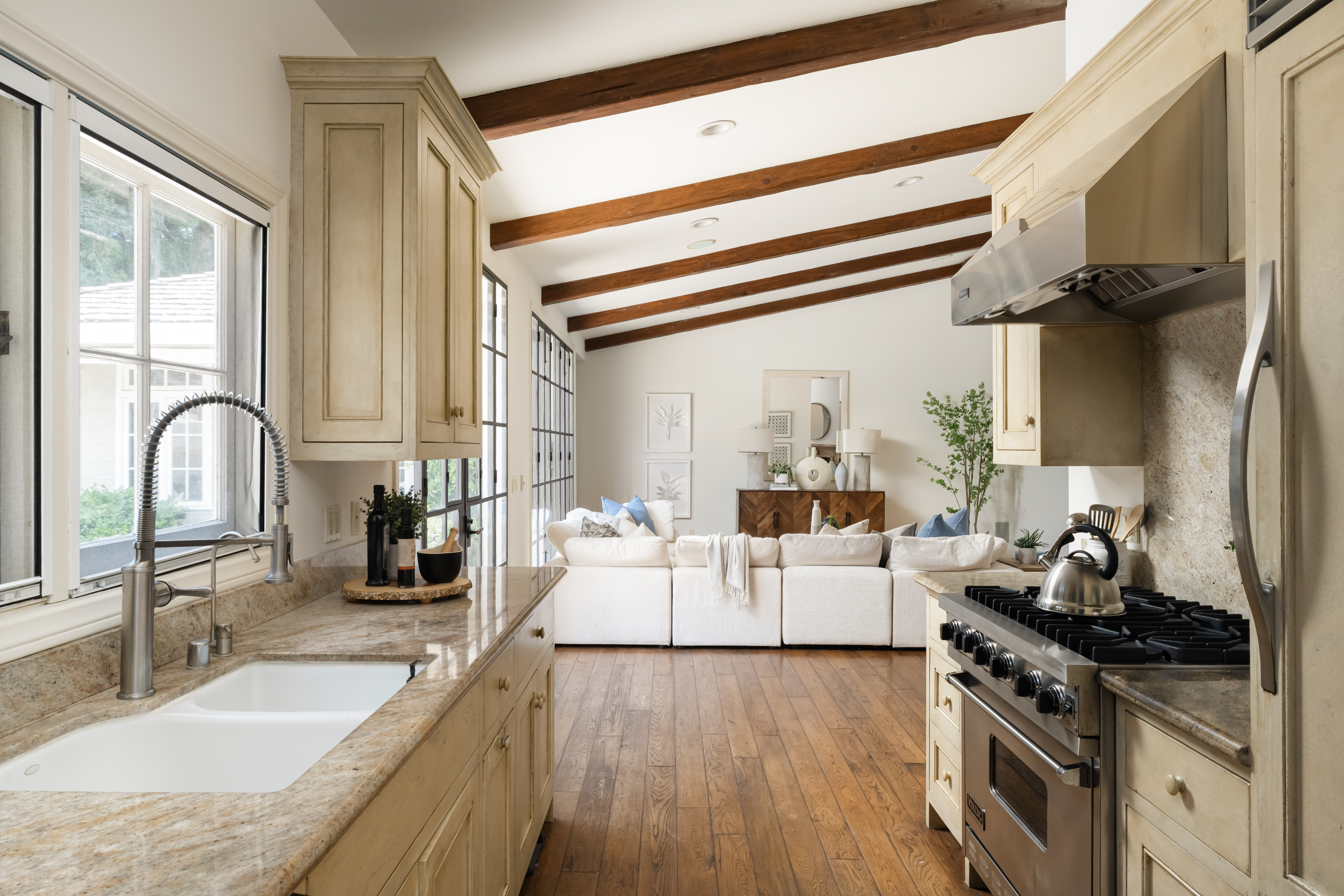 La Jolla staged kitchen open to living area